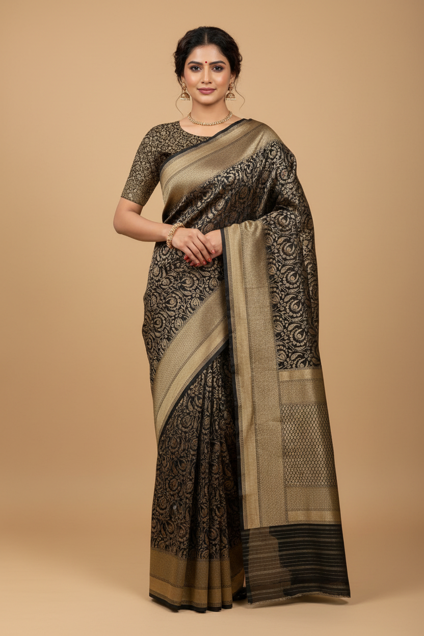 Black Pure Banarasi Brocade Silk Saree with Antique Gold Zari
