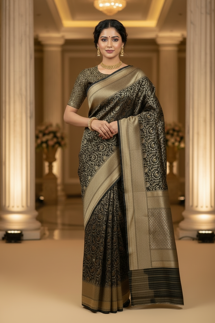 Black Pure Banarasi Brocade Silk Saree with Antique Gold Zari