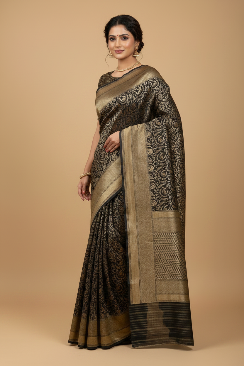 Black Pure Banarasi Brocade Silk Saree with Antique Gold Zari