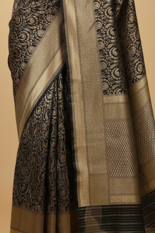 Black Pure Banarasi Brocade Silk Saree with Antique Gold Zari
