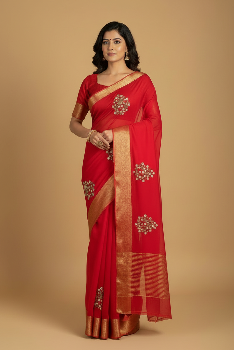 Red Organza Silk Saree with Stonework Embroidery