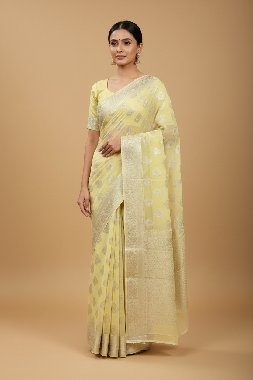 Yellow Banarasi Chiffon Saree