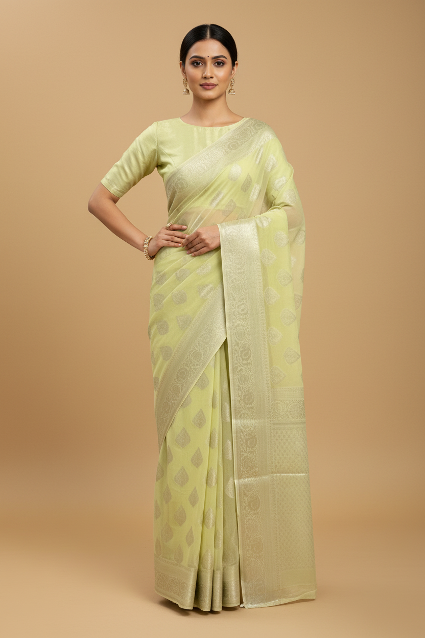 Yellow Banarasi Chiffon Saree