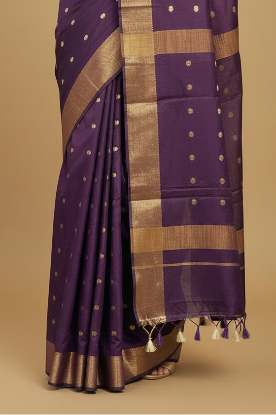 Deep Purple Viscose Silk Saree with Gold Border