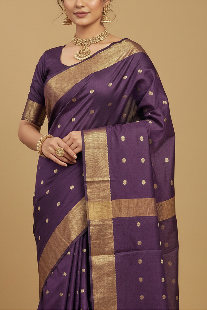 Deep Purple Viscose Silk Saree with Gold Border