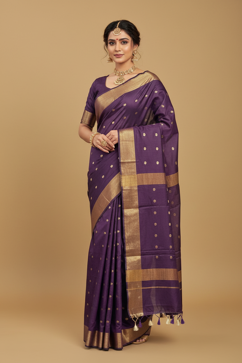 Deep Purple Viscose Silk Saree with Gold Border