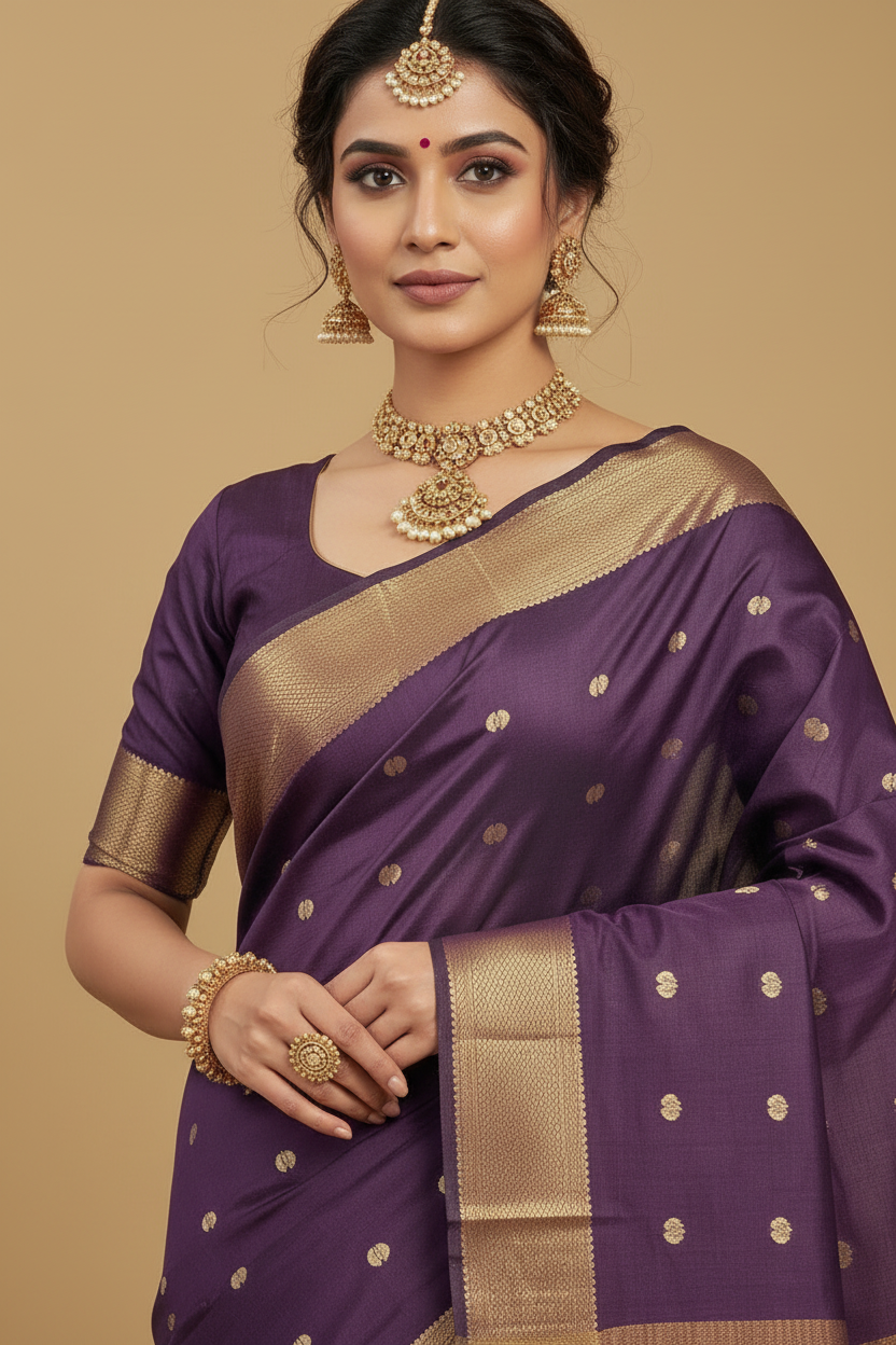 Deep Purple Viscose Silk Saree with Gold Border
