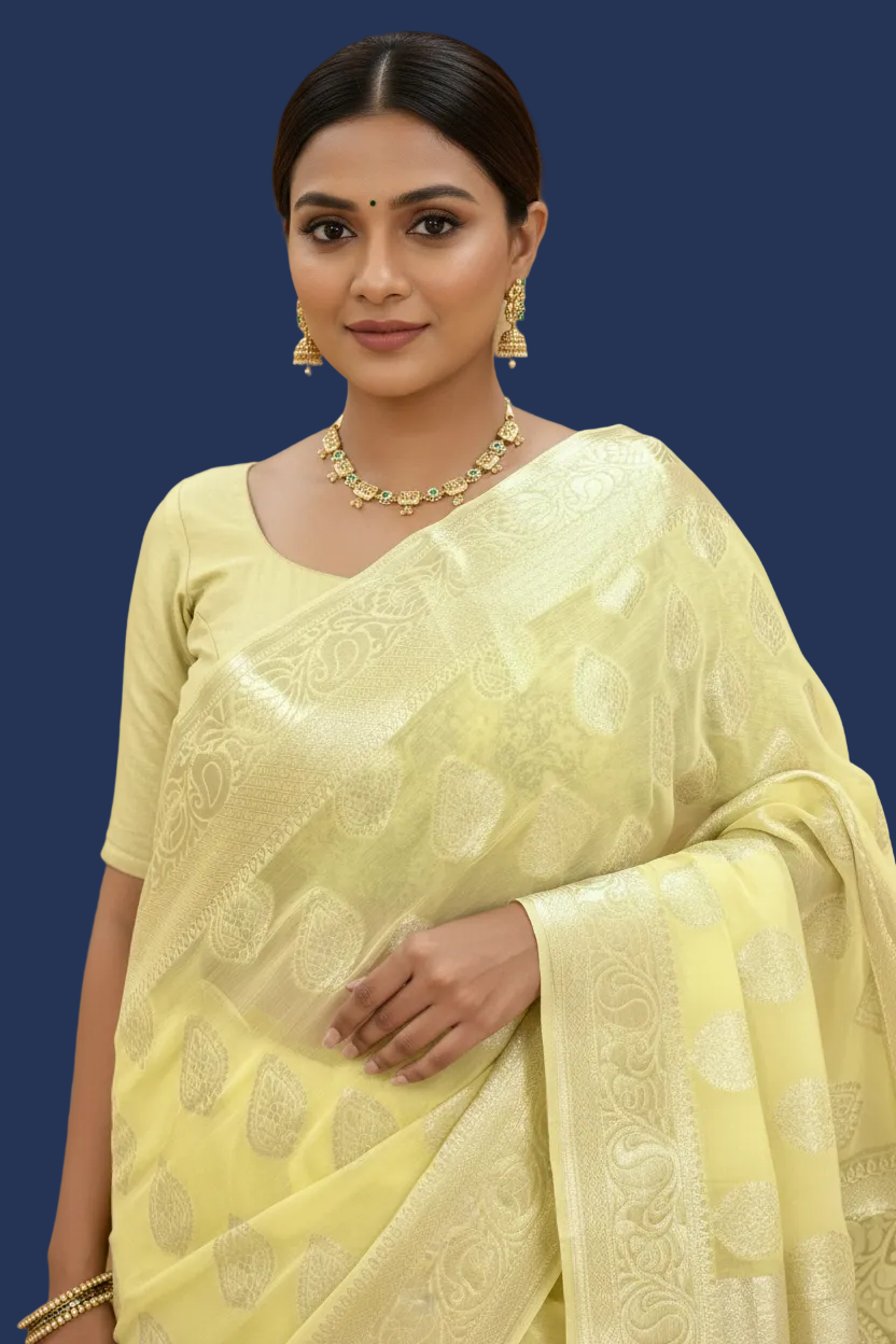 Yellow Banarasi Chiffon Saree