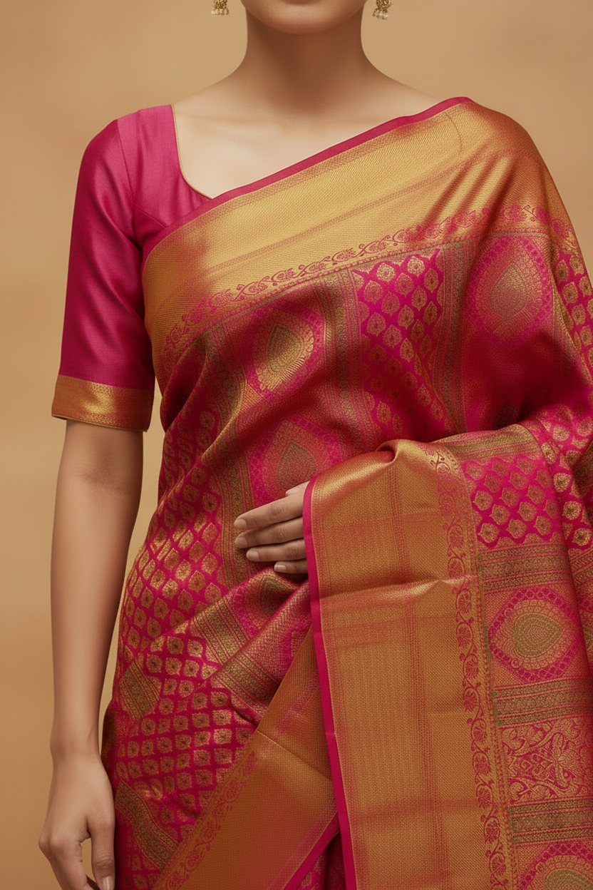 Magenta & Gold Pure Kanjeevaram Brocade Silk Saree