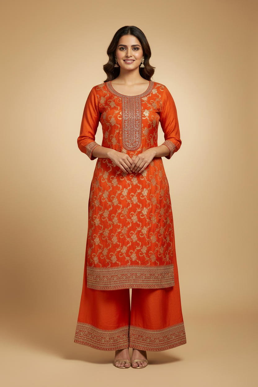Orange Banarasi Silk Embroidery Sharara Set