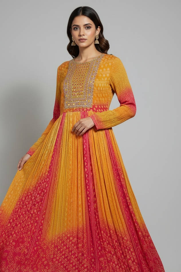 Mustard & Pink Bandhani Silk Anarkali Set with Mirror Work