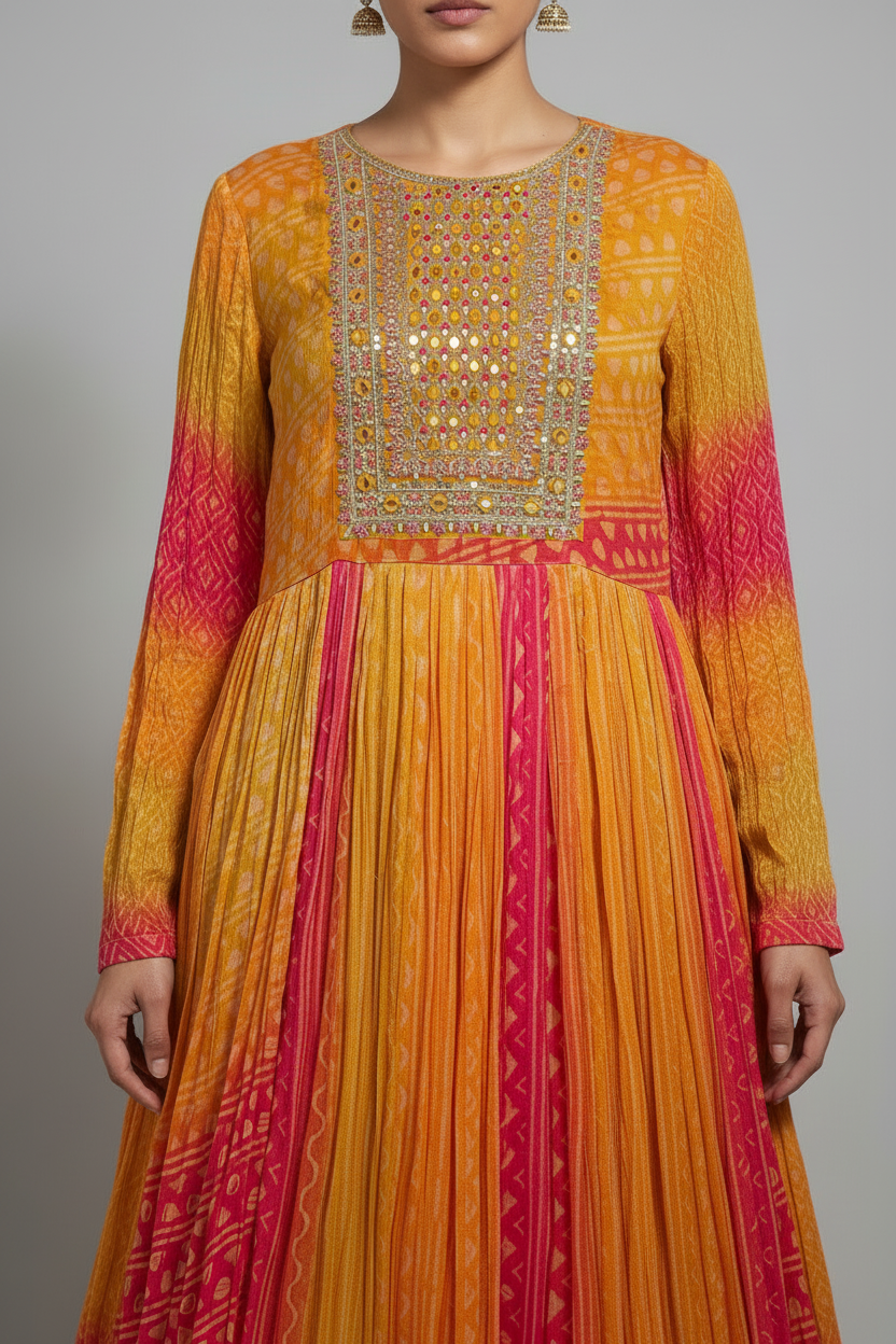 Mustard & Pink Bandhani Silk Anarkali Set with Mirror Work