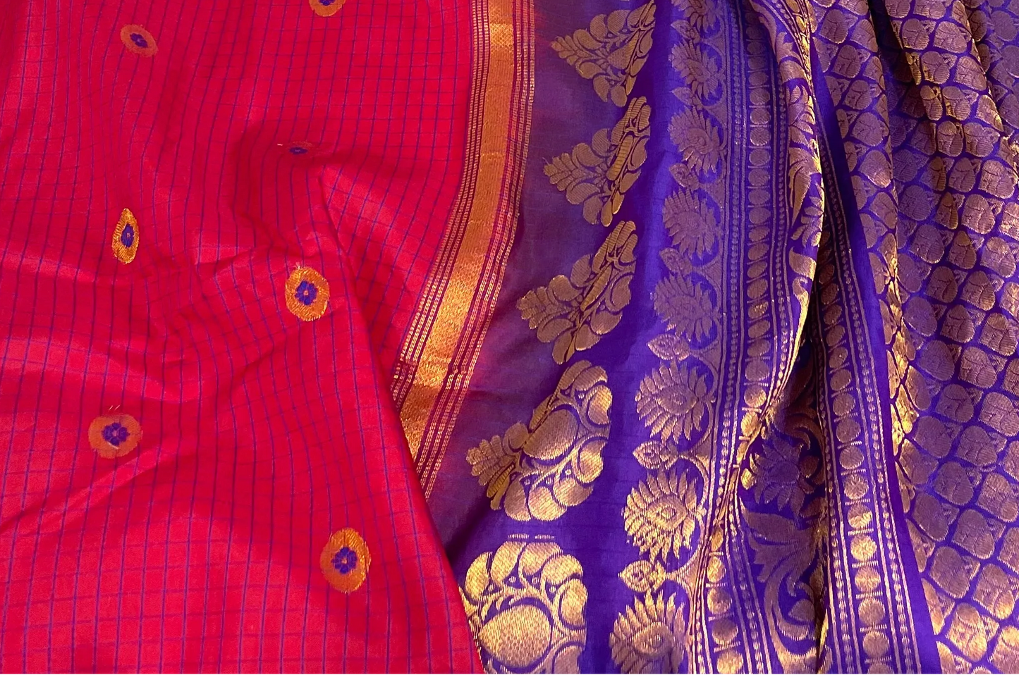 Red Gadwal Pure Silk Saree with Purple Border