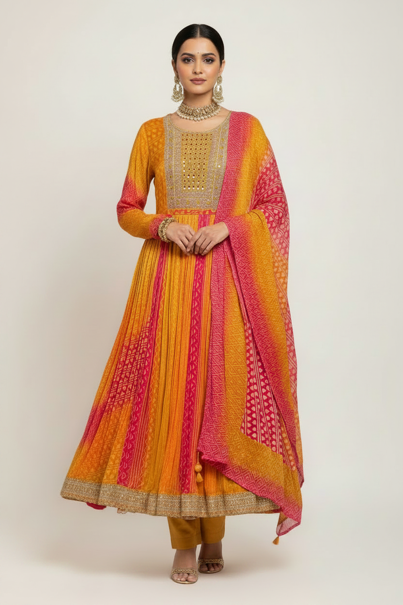 Mustard & Pink Bandhani Silk Anarkali Set with Mirror Work