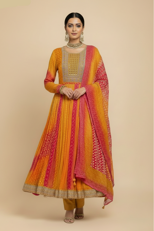 Mustard & Pink Bandhani Silk Anarkali Set with Mirror Work