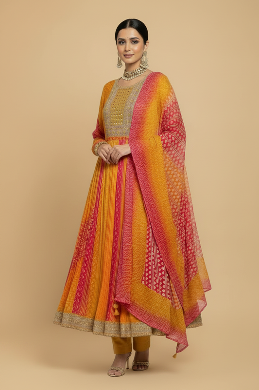 Mustard & Pink Bandhani Silk Anarkali Set with Mirror Work