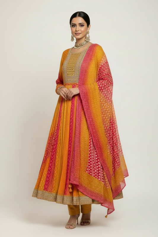Mustard & Pink Bandhani Silk Anarkali Set with Mirror Work