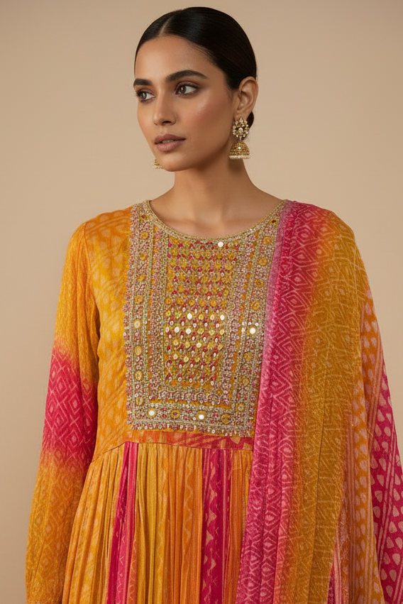 Mustard & Pink Bandhani Silk Anarkali Set with Mirror Work