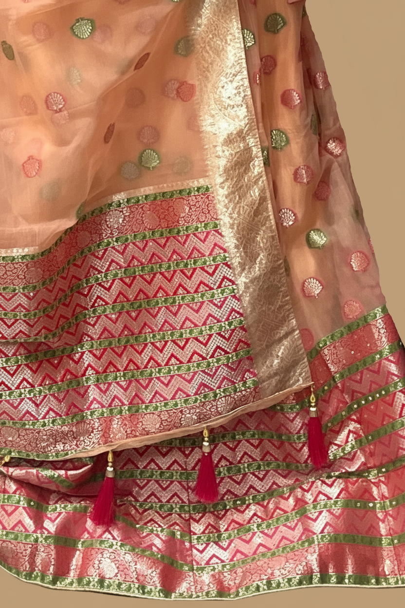 Peach Banarasi Organza Lehenga Set