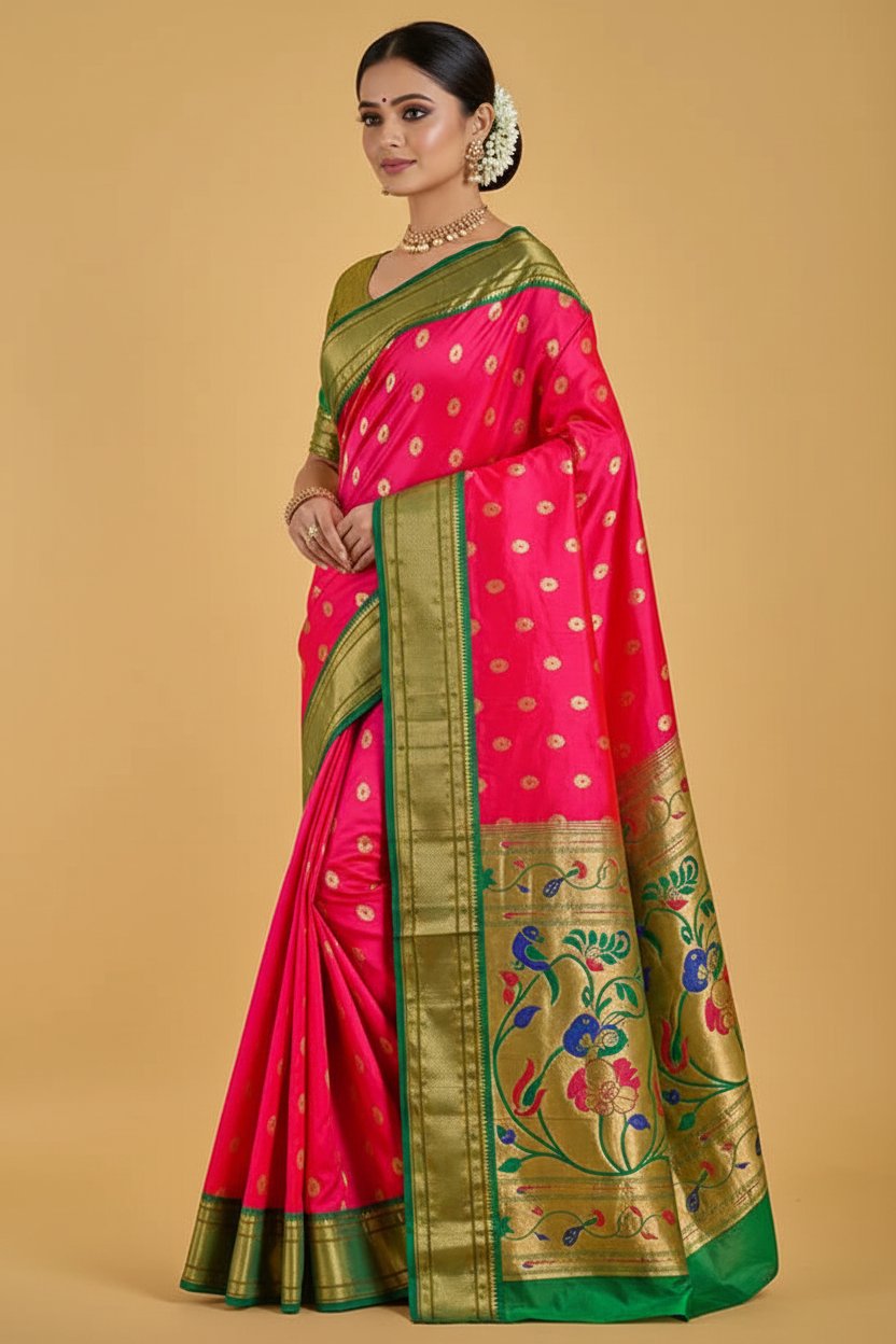 Pink Paithani Pure Silk Saree with Green Border