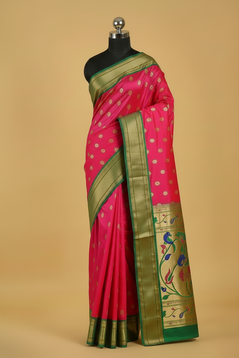 Pink Paithani Pure Silk Saree with Green Border