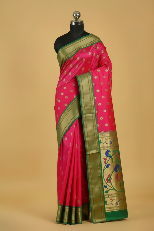 Pink Paithani Pure Silk Saree with Green Border