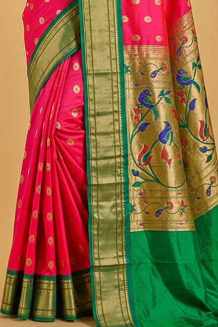 Pink Paithani Pure Silk Saree with Green Border