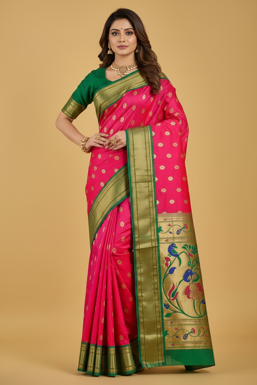 Pink Paithani Pure Silk Saree with Green Border