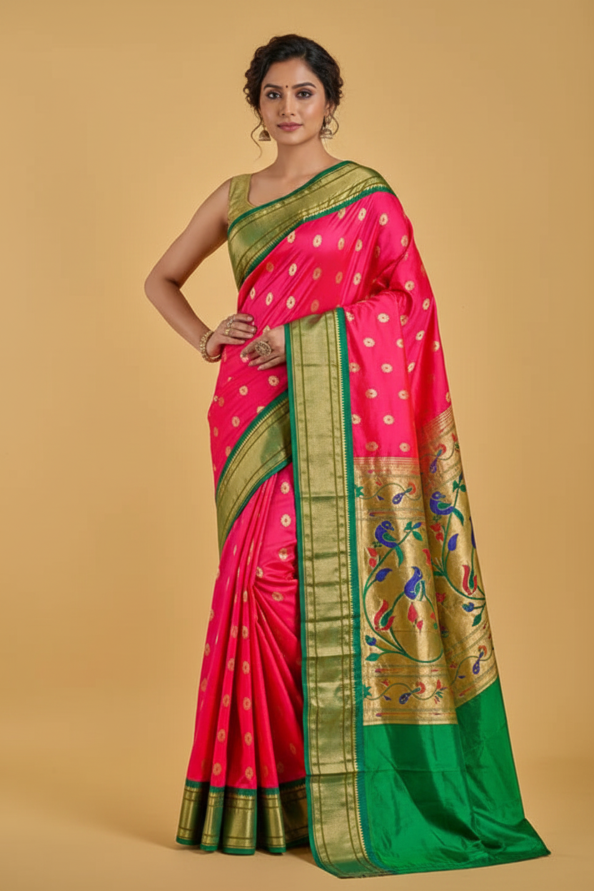 Pink Paithani Pure Silk Saree with Green Border