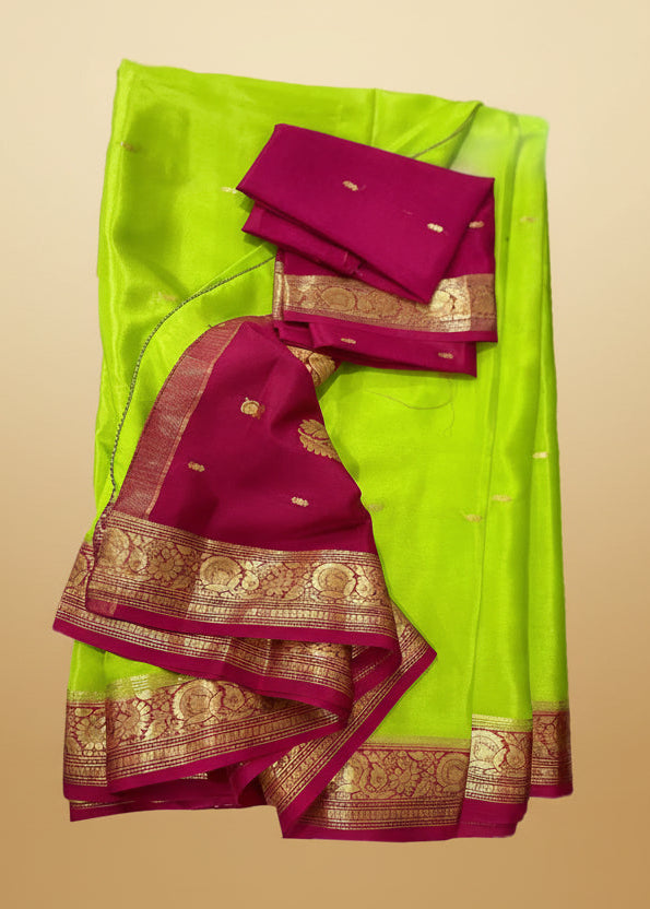 Green Pure Mysore Crepe Silk Saree with Maroon Border