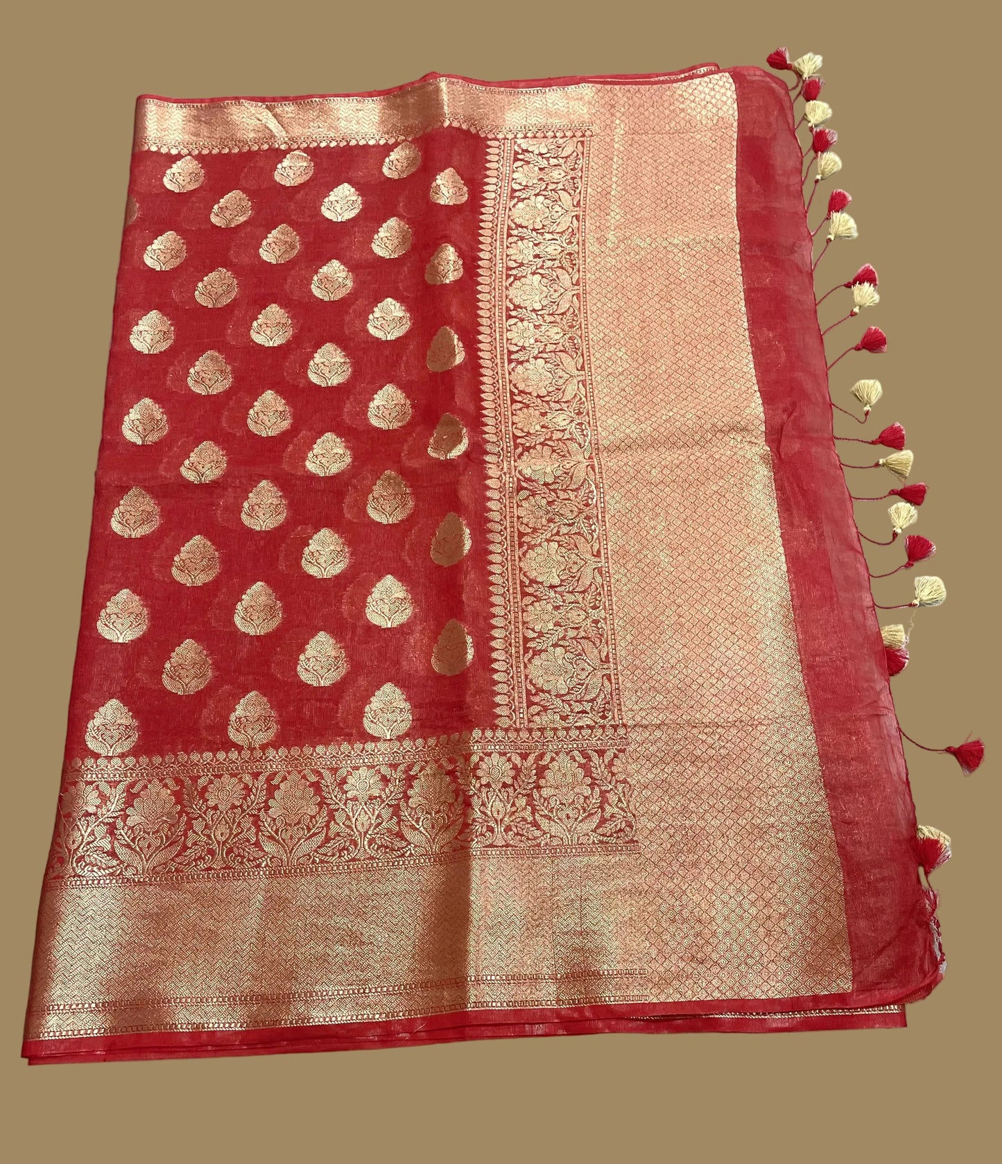 Red Pure Linen Banarasi Saree