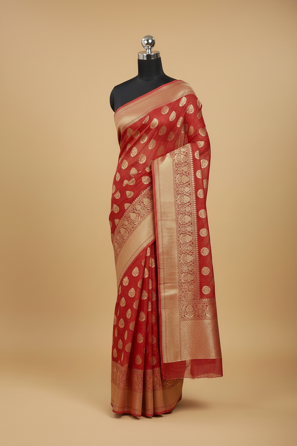 Red Pure Linen Banarasi Saree