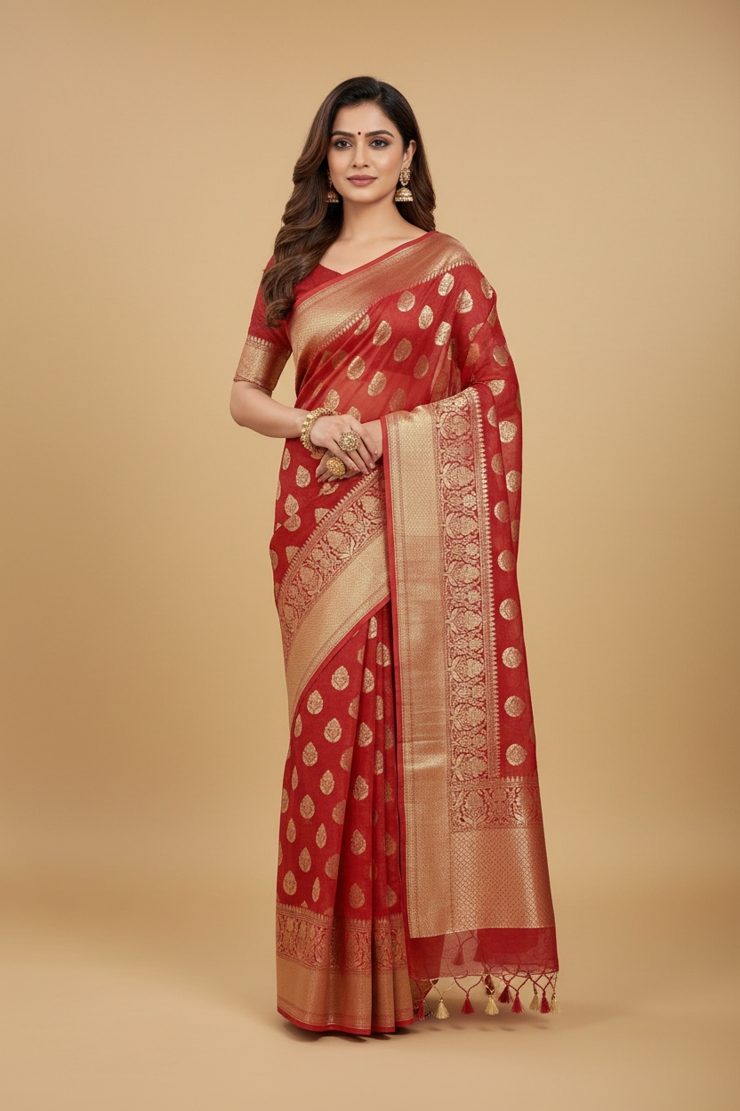 Red Pure Linen Banarasi Saree