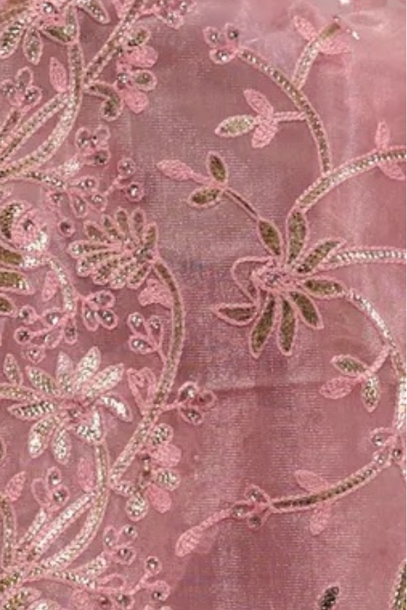 Pink Net Saree with Floral Sequin & Stone Embroidery