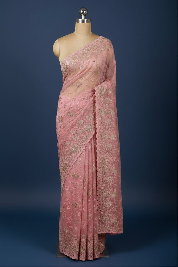 Pink Net Saree with Floral Sequin & Stone Embroidery