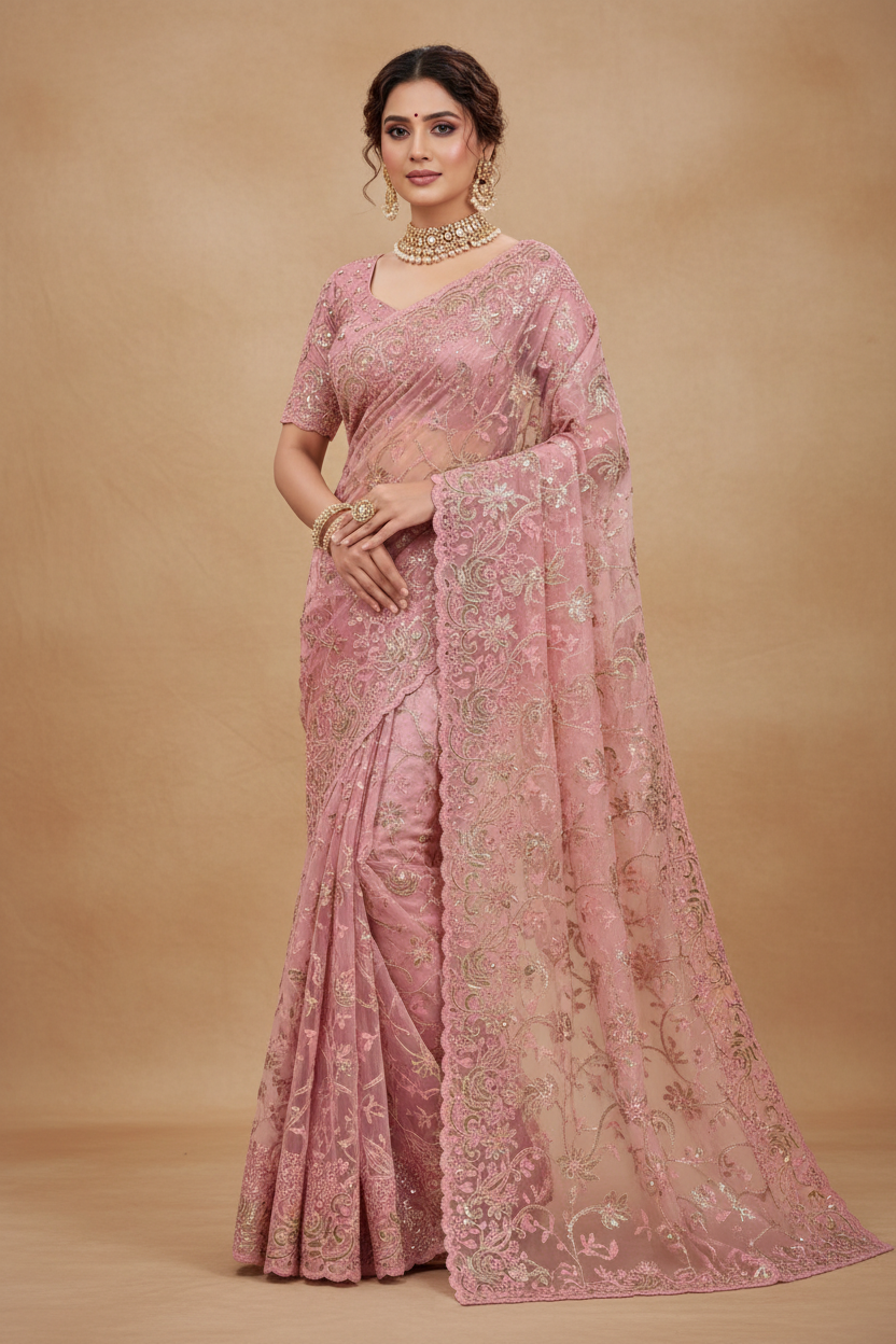 Pink Net Saree with Floral Sequin & Stone Embroidery