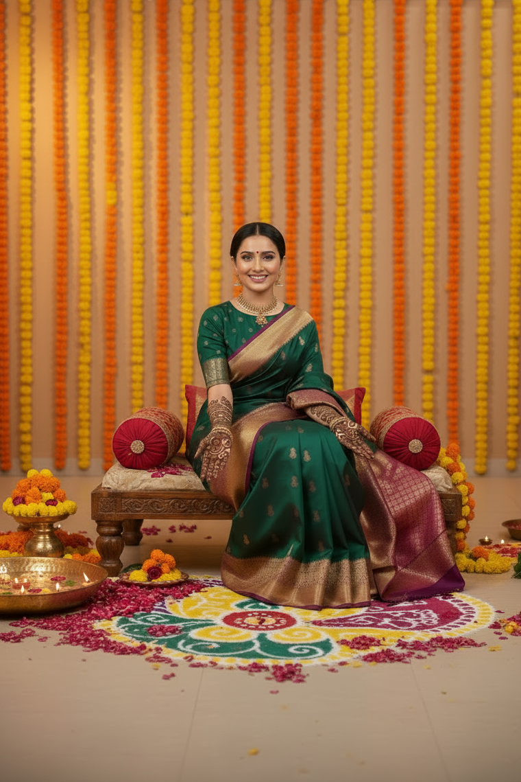 Green Pure Kanjeevaram Silk Saree with Purple Border and Pink Pallu
