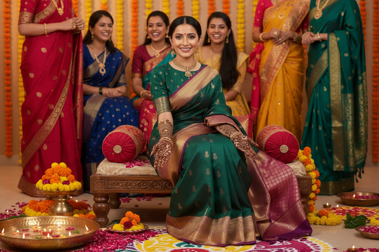 Green Pure Kanjeevaram Silk Saree with Purple Border and Pink Pallu