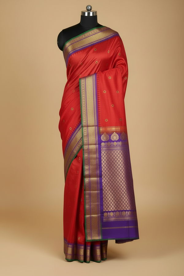 Red Gadwal Pure Silk Saree with Purple Border