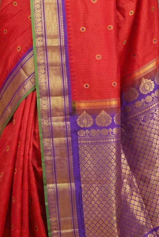 Red Gadwal Pure Silk Saree with Purple Border
