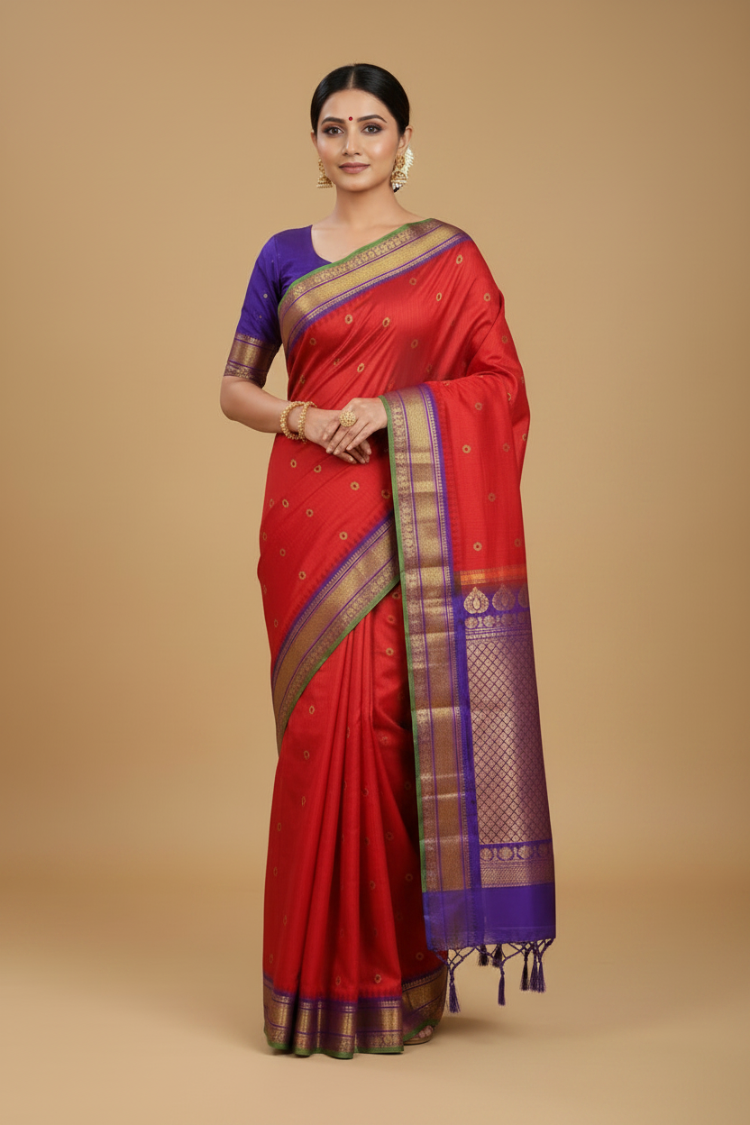 Red Gadwal Pure Silk Saree with Purple Border