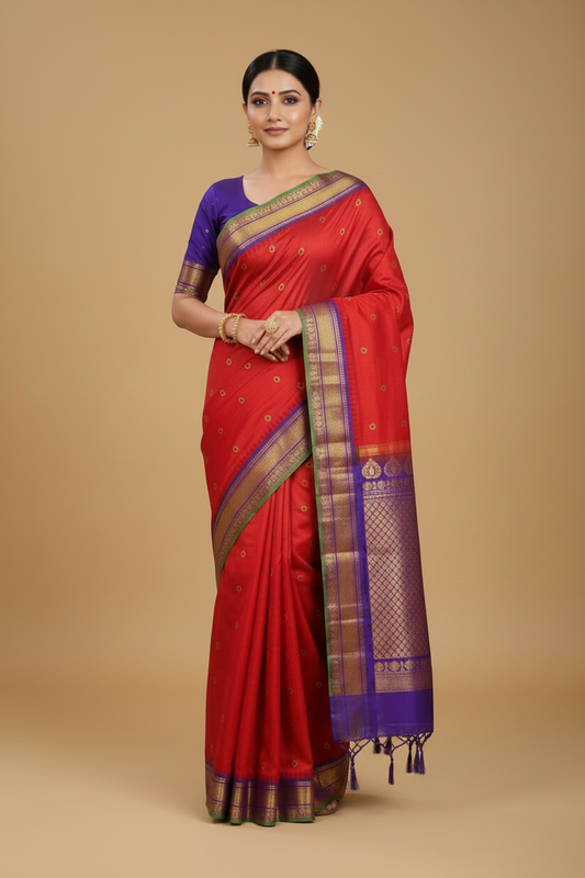 Red Gadwal Pure Silk Saree with Purple Border