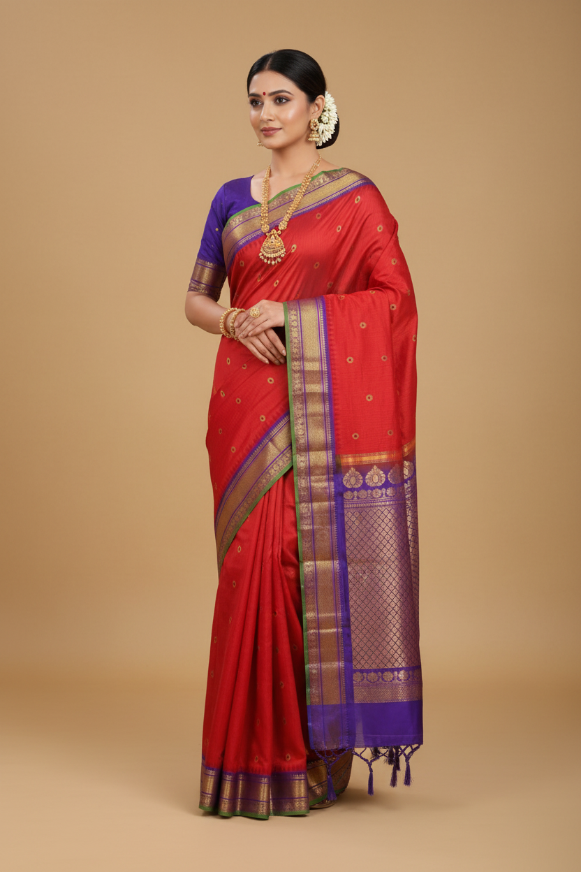 Red Gadwal Pure Silk Saree with Purple Border