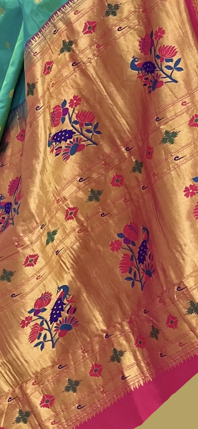 Turquoise Blue-Green Paithani Pure Silk Saree With Magenta Pink Border