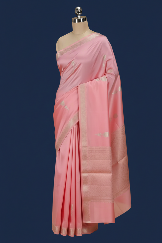 Pink Banarasi Katan Silk Saree with Silver Floral Butis