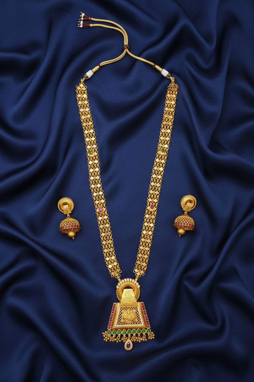 Long Chandan Haar Necklace and Jhumkas Set