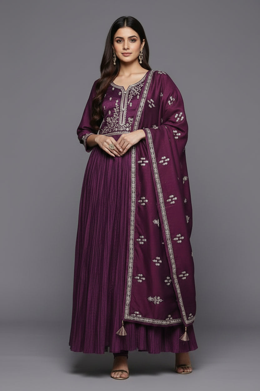 Purple Silk Embroidery Anarkali Set