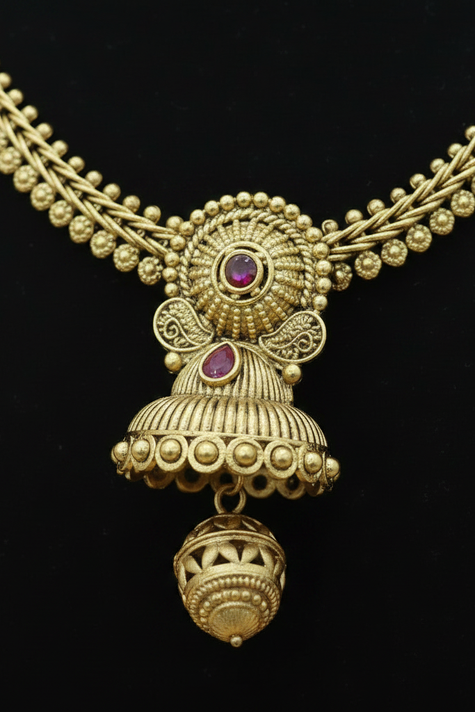 Antique Gold Ruby Stone Jhumka Pendant Necklace & Earrings Set