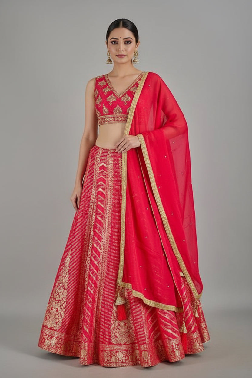 Coral Pink Silk Lehenga Set