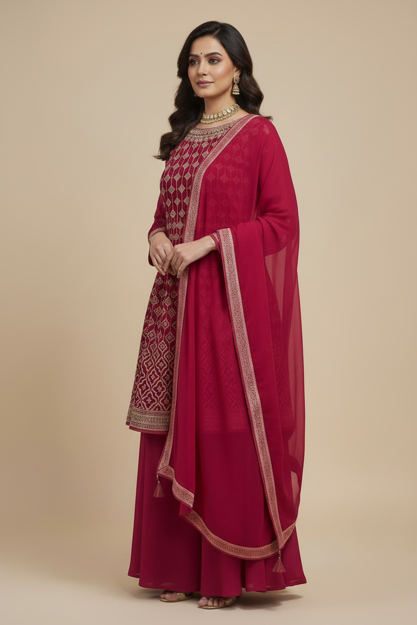 Magenta Pink Georgette Sharara Set with Embroidery